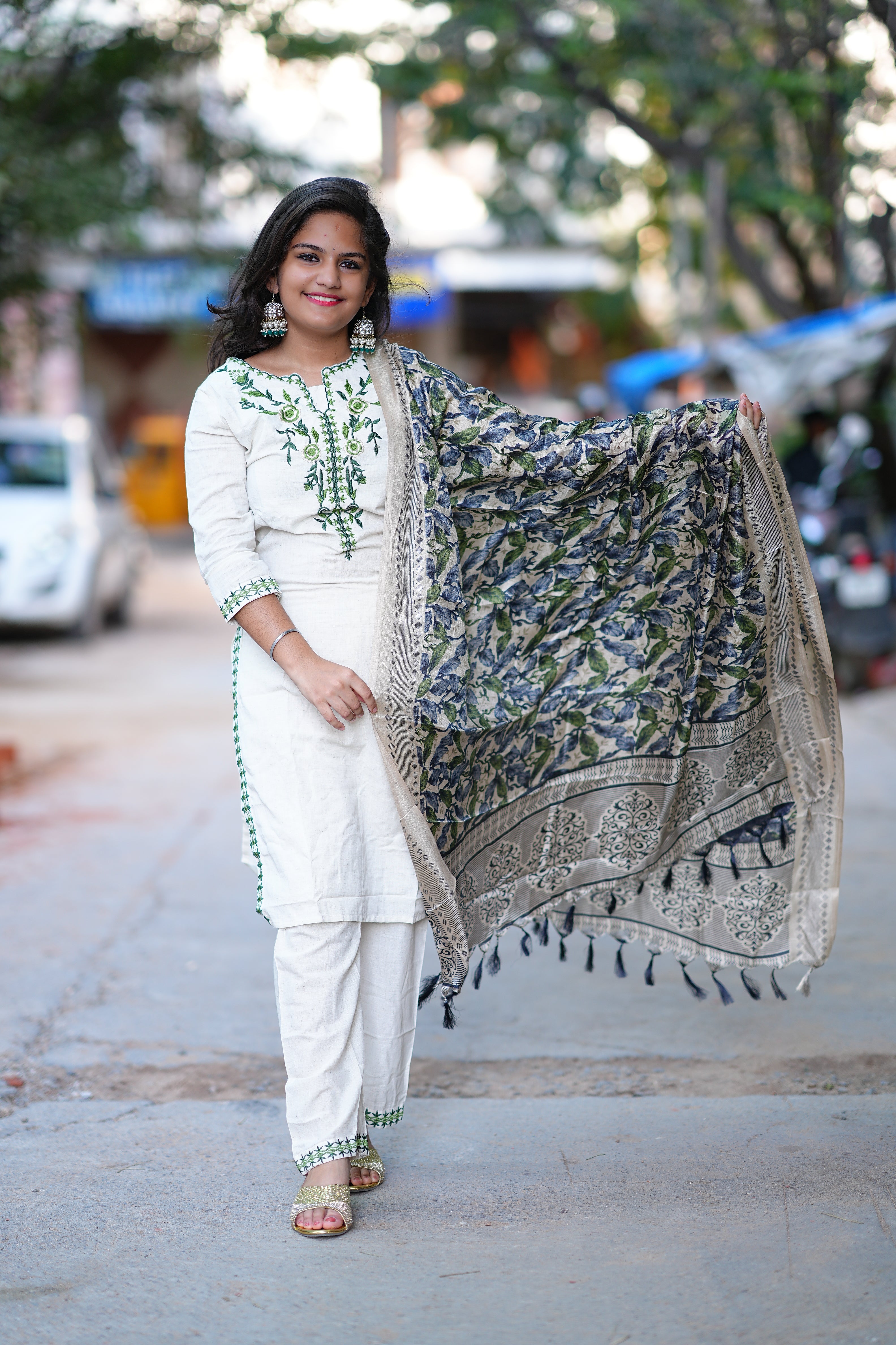 Khadi Cotton 3 Piece Set With Contrast Duppata