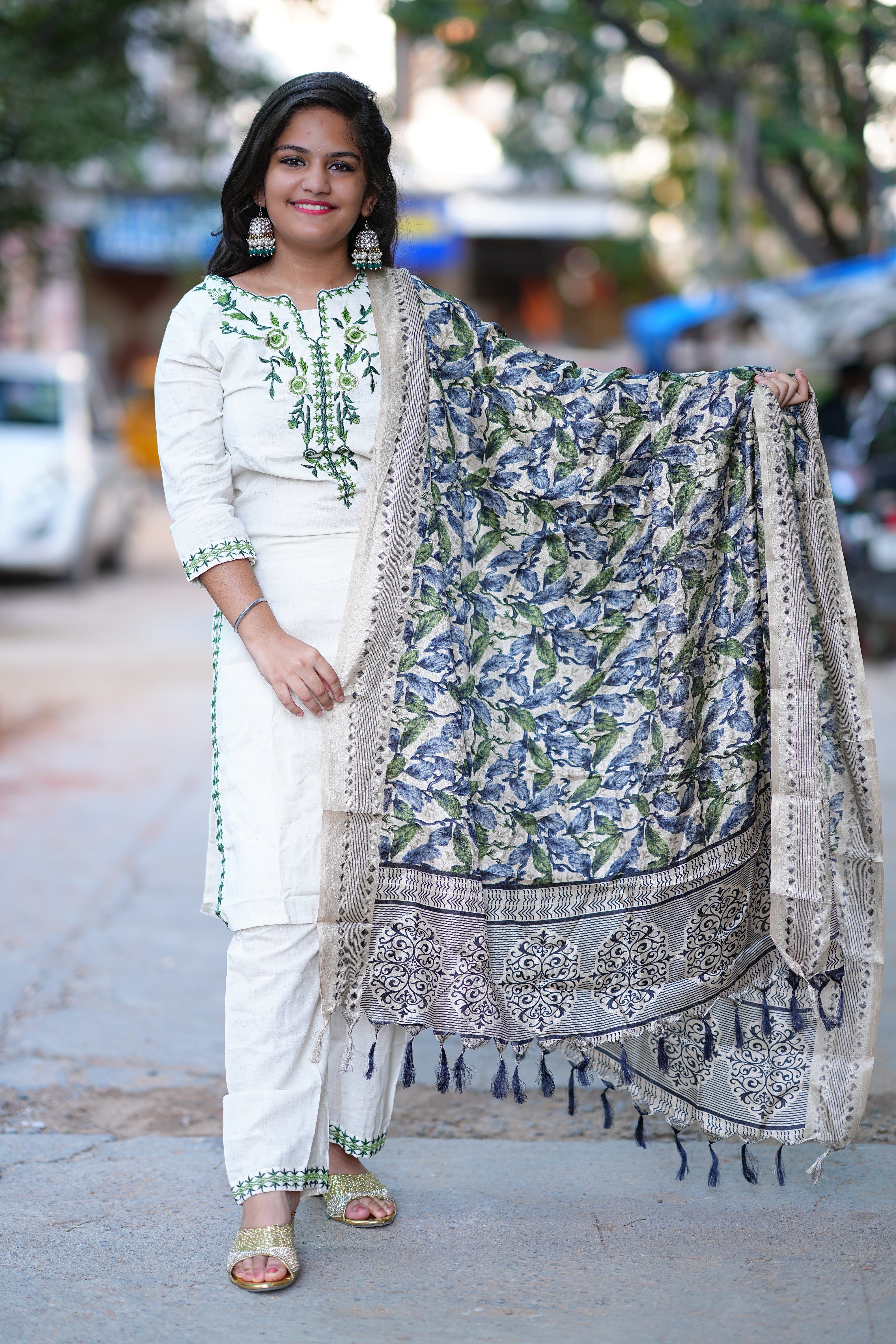 Khadi Cotton 3 Piece Set With Contrast Duppata